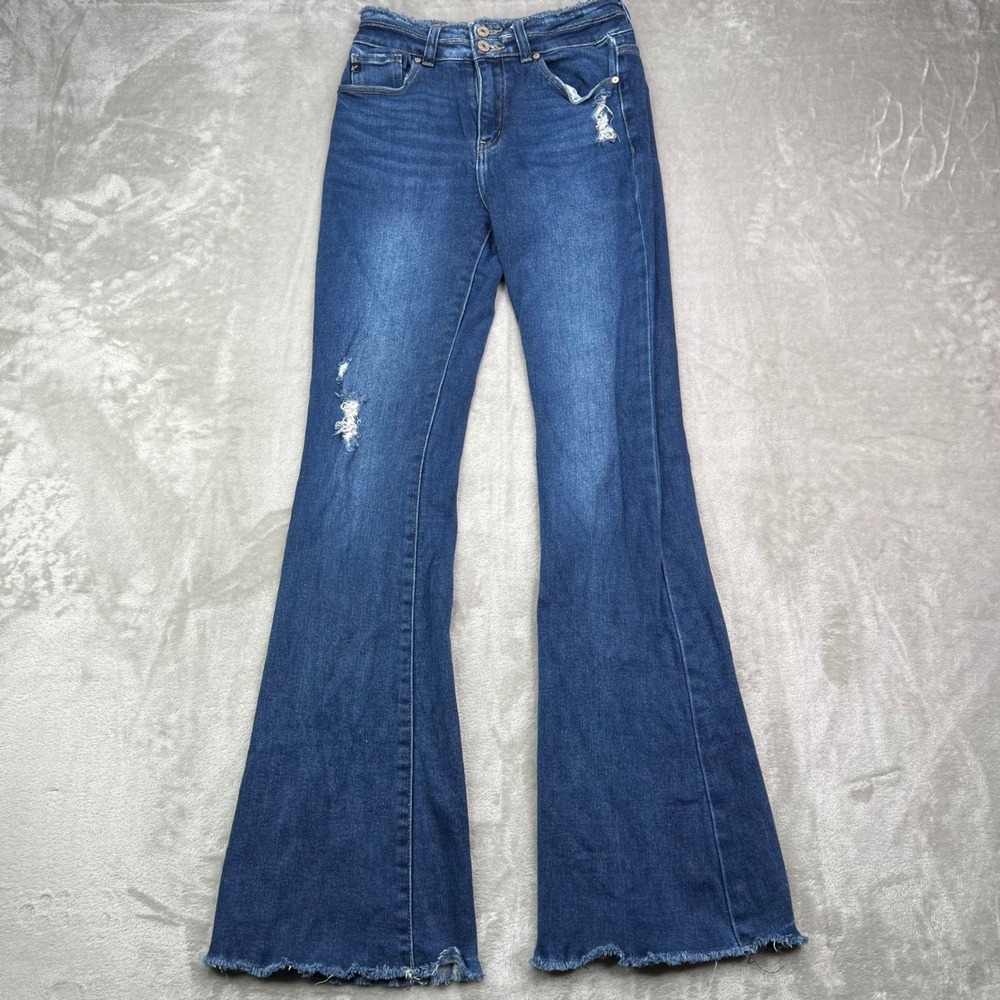 KanCan Flare Jeans Womens 5/26 Blue Solid Stretch Distressed Raw Hem High Rise